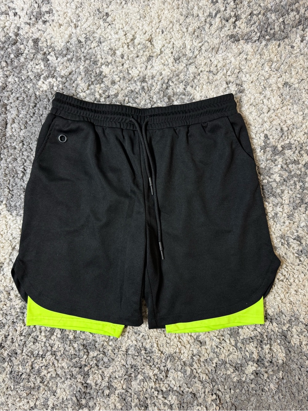 Men's Black Athletic Workout Shorts with Neon Accent, 6” Inseam, Medium